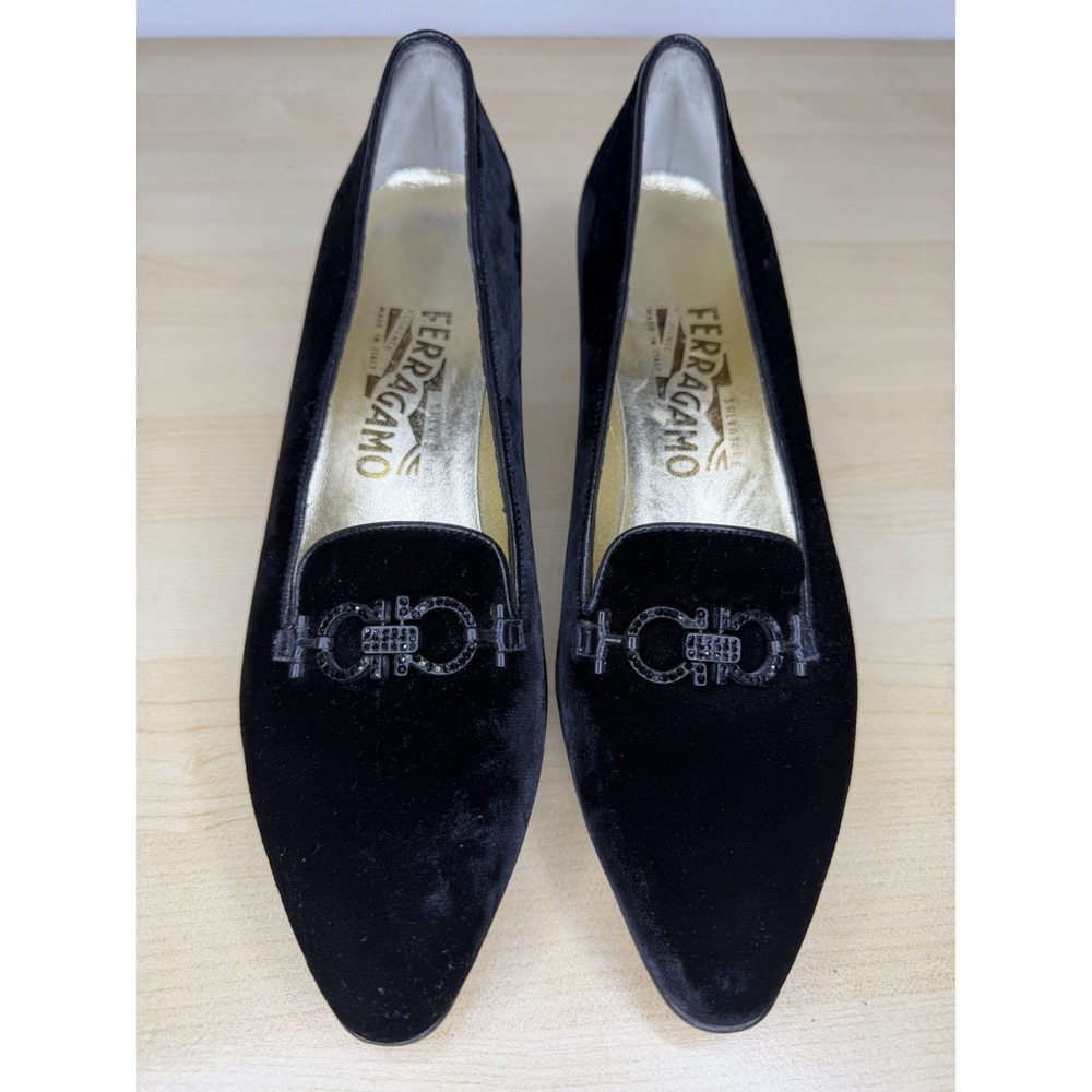 Salvatore Ferragamo Women's Black Velvet Flats Crystal Buckle Made In Italy Sz 9 - Picture 3 of 10